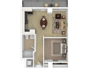 1 bed, 1 bath penthouse floorplan ranges from 505 to 540 sq. ft.