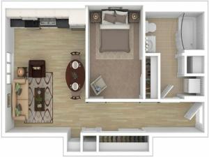 1 bed, 1 bath floor plan is 485 sq. ft.