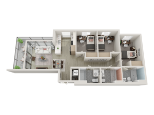3-bedroom floorplan with beds and desks, kitchen, outdoor patio, 3 bathrooms, and washer dryer.