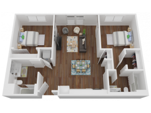864 sq. ft. two-bedroom, two-bathroom floorplan