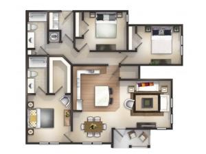 3d rendering of 3 bedroom 2 bath apartment home.