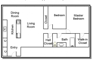 2 Bedroom, 1 Bath Floor Plan