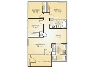 Three Bed, Two Bath, 950 Square Feet