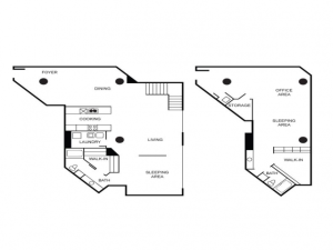 Two-story loft style apartment floor plan featuring two bedrooms, two bathrooms, living area, office area, walk-in closet, kitchen, foyer, and dining room.