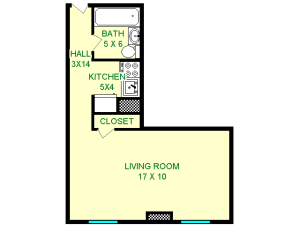 Floor plan of Astura Unit, roughly 280 square feet with living area, kitchen, and bathroom.