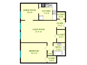 Floor plan of Mercury unit, roughly 770 square feet. Featuring living room, dining room, kitchen, bedroom, and bathroom.