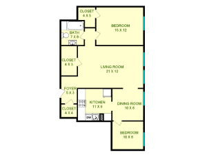 Floor plan of LeMans unit, roughly 850 square feet. Featuring living room, dining room, kitchen, two bedrooms, and bathroom.
