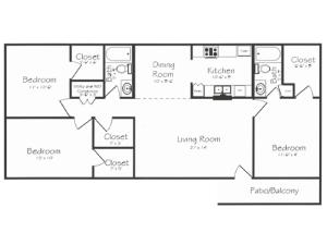 3 Bedroom 2 Bathroom Floorplan | Bayou Shadows Apartment Homes