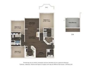 3 bedroom, 2 bathroom Renoir layout