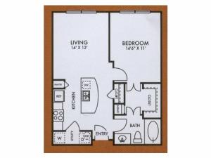 A2 one bed, one bath with kitchen island and walk in closet