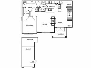 A4 one bed, one bath with attached garage, dining room and balcony