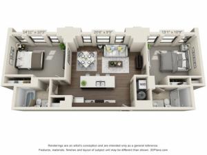 B01-TWO BEDROOMS/ TWO BATHROOMS- 900 Sq. Ft.