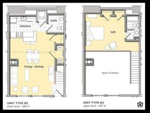 1 bedroom 1.5 bathroom floorplan. Living space and kitchen with lofted bedroom upstairs