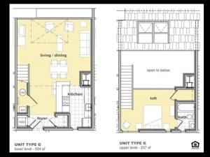 1 bedroom 1 bathroom floorplan. Living space and kitchen with lofted bedroom upstairs