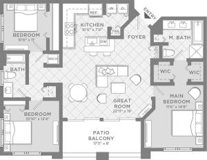 The Veneto three bedroom two bathroom floor plan, 1,488 sq.ft.