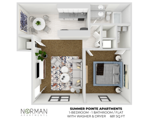 1 Bed 1 Bath Flat with Washer/Dryer 681sqft