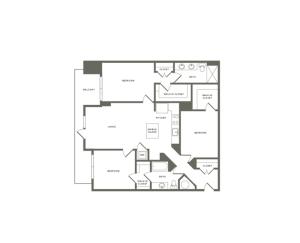 1342 square foot three bedroom two bath with center access to balcony apartment floorplan image