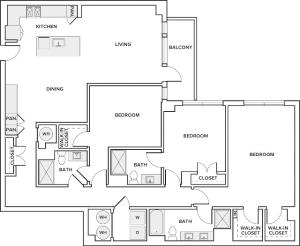 1,979 square foot three bedroom two and half bath apartment floorplan image