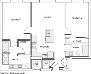 1053 square foot two bedroom two bath apartment floorplan image