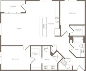 1343 square foot two bedroom two bath apartment floorplan image