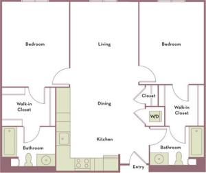 1,037 to 1,085 square foot two bedroom two bath apartment floorplan image