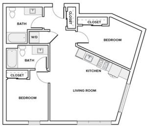 911 square foot two bedroom two bath apartment floor plan image in Redmond, WA