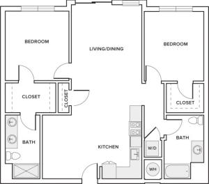 1173 sqft two bedroom two bathroom apartment floorplan image