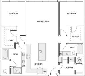 1508 square foot two bedroom two bath apartment floorplan image