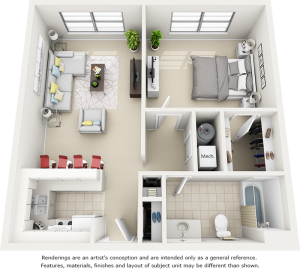 Holly 1 Bedroom and 1 Bathroom Floor Plan with enhanced finishes