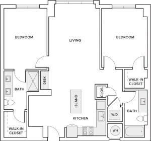 1152 square foot two bedroom two bath apartment floorplan image