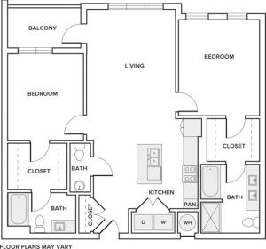 1155 square foot two bedroom two bath apartment floorplan image