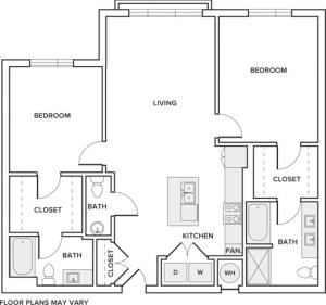 1185 square foot two bedroom two bath apartment floorplan image