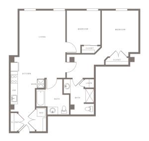 1026 square foot two bedroom two bath apartment floorplan image