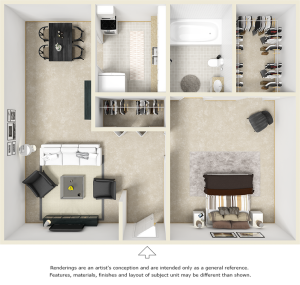 Village West 1 bedroom and 1 bathroom floor plan