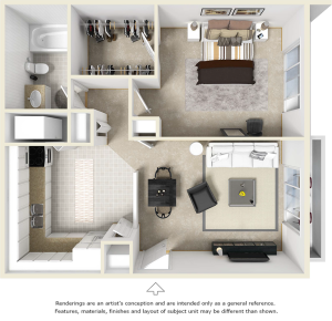 The Sago 1 bedroom 1 bathroom floor plan.