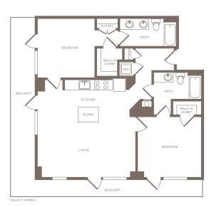 1153 square foot two bedroom two bath apartment floorplan image