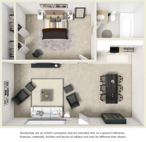 Tranquility 1 bedroom 1 bathroom floor plan with new cabinets and wood style floors
