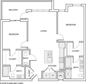 1144 square foot two bedroom two bath apartment floorplan image