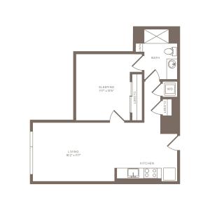 708 square foot one bedroom one bath apartment floorplan image