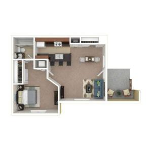 One Bedroom One Bath Floor Plan | The Aspen | Arborelle Apartments