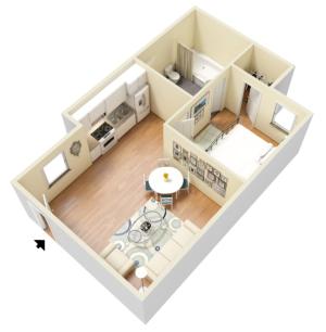 1 bed, 1 bath floorplan is 681 sq. ft.