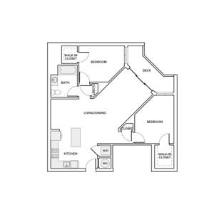 1028 square foot two bedrooms two baths apartment floorplan image