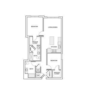990 square foot two bedrooms two baths apartment floorplan image