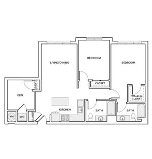 1117 square foot three bedroom two bath floorplan image