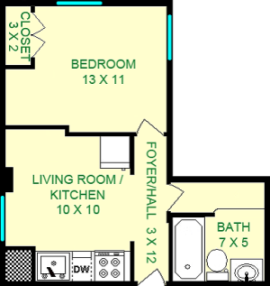Steinmetz One Bedroom floorplan shows roughly 370 square feet, with a bedroom, living room/kitchen and a bathroom.