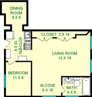 Sweetgum one bedroom shows roughly 635 square feet, with a living room, alcove, bedroom, kitchen dining room and private bathroom.