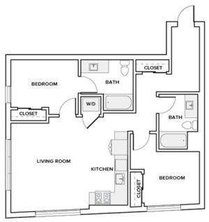 916 to 926 square foot two bedroom two bath apartment floorplan image