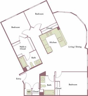 1,534 square foot three bedroom two bath apartment floorplan image