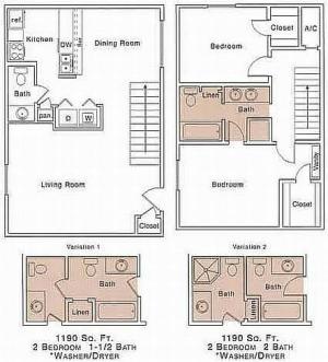 H Floor Plan | 2 Bedroom with 1.5 Bath | 1190 Square Feet | The Regatta | Apartment Homes