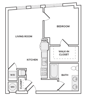 737 square foot one bedroom one bath apartment floorplan image